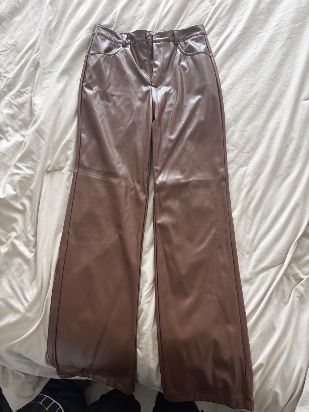 Brown Faux Leather Wide-Leg Pants